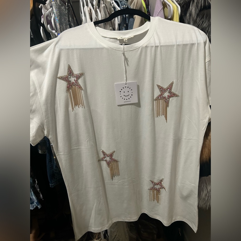 White T-Shirt Dress with Star Embellishments